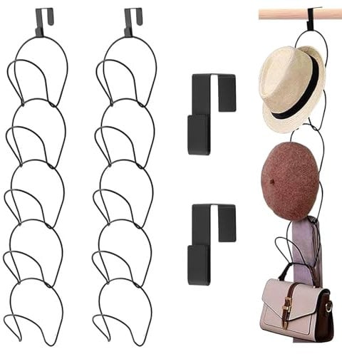 Omevett 10 Pcs Hat Hanger, Wall Hat Organizer, Black Cap Hanger with Hanging Hooks for Baseball Caps, Scarfs, Towels, Handbags, Clothes Ties
