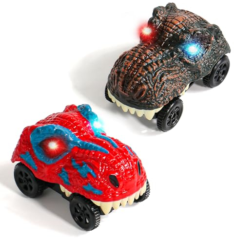 Dinosaurier Auto Spielzeug ab 3 Jahre-2 Stück Leuchtend Cars Spielzeug ab 4 Jahre Junge Kompatibel mit Autorennbahn für Rennbahnen Geschenk Junge Mädchen 3 4 5 Jahre