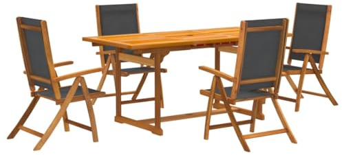 vidaXL 5-Piece Acacia Wood & Textilene Garden Dining Set - Foldable & Reclining Chairs, Extendable Table, Umbrella Hole