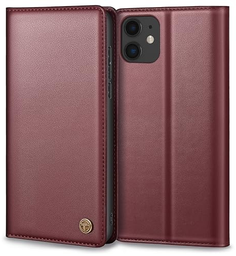 Handyhülle für iPhone 11, Premium Lederhülle Schutzhülle Tasche Mit Kartenfach, Standfunktion, Klappbar Flip Case, Weinrot
