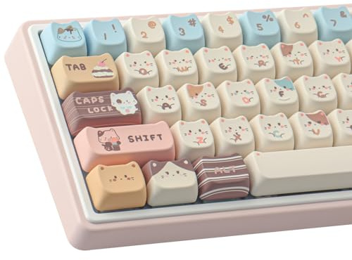 TYRIXKI PBT-Tastenkappen, 142 Tasten, niedliche Tastenkappen, Farbstoff-Sublimation, Meersalz, Katze, Mao-Profil, benutzerdefinierte Tastenkappe für Cherry Gateron MX Swithes, mechanische Tastaturen