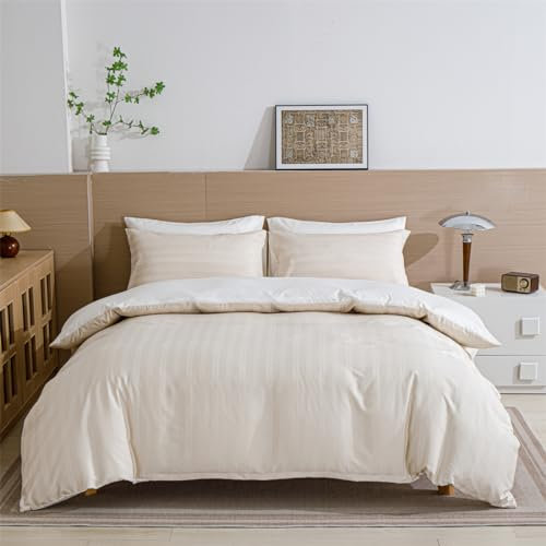 YASMENG Satin Bettwäsche 220x240 Beige Gestreift Bettwäsche Satin Glänzend Luxus Bettbezug Set Weich Seidig Seide Bettwäsche 3 Teilig mit Reißverschluss und 2 Kissenbezüge 80x80 cm