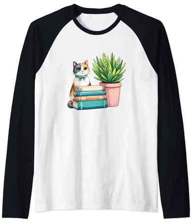 Lindos libros y plantas para gatos Camiseta Manga Raglan