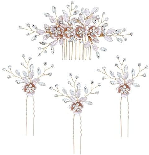 inSowni 4 Pieces Rose Gold Metal Leaf Flower Wedding Bridal Hair Side Comb Slide+U-shaped Floral Hair Pins Prom Party Headpieces for Brides Bridesmaids Women Girls