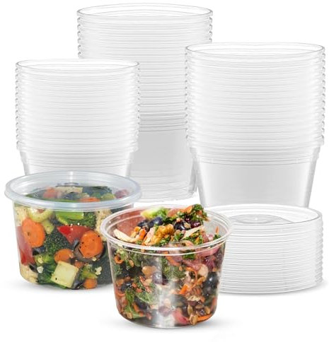 CHEF ROYALE 50 x 16oz Plastic Round Clear Tub Containers With Lids - Microwave Safe Tub Pots - Meal Prep & Takeaway Storage Box - Freezer & Dishwasher Safe (50, 16oz)