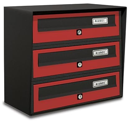 ALUBOX Slim Briefkastenanlage 3 Fächer 37,8x39x30 cm aus Verzinktem Blech und Aluminium Außenbriefkasten mit Entnahmeschutzsystem (ANTHRAZIT UND ROT)
