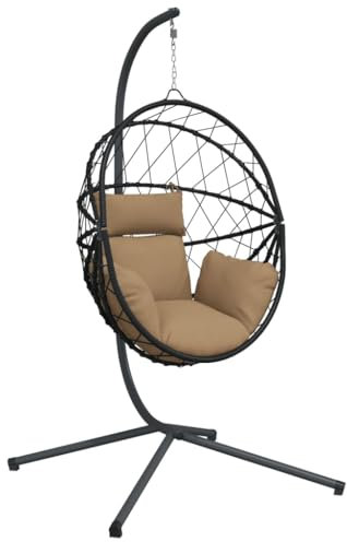 vidaXL Hängesessel, Hängestuhl Ei-Design mit Ständer, Eierstuhl für Wohnzimmer, Schaukelsessel Eiersessel, Modern, Taupe Rattan Stahl