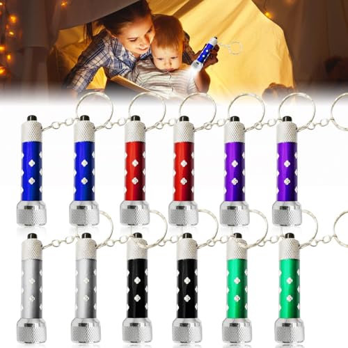 12 Stück LED Schlüsselanhänger Taschenlampe: Mini Tragbare Leuchte für Kinder, Outdoor Camping, Radfahren - Keychain Light Key Ring (Rot, Blau, Lila, Schwarz, Grün, Silbergrau)