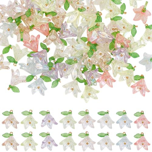 arricraft 60 breloques en Forme de Fleur en Verre 8 couleurs Pendentif Fleur en Cristal Coloré de 19mm (0.75 pouces) avec Perles en Acrylique Transparent Breloques Florales en Forme de Trompette