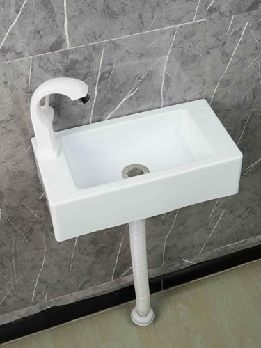XRB2050 Lavabo Mural en Résine, 40x20x11cm/15.7x7.9x4.3inch Lavabo Rectangulaire à Suspendre au Mur avec Kit de Drainage pour Lavabo pour la Salle de Bain et Les Toilettes A - Robinet Froid Simple