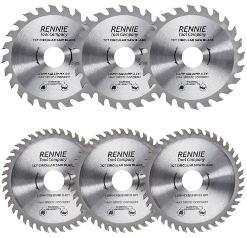 Pack Of 6 x 115mm Circular Saw Blade TCT Wood Cutter Blade. 24 Teeth (24T) & 40 Teeth (40T) Carbide Tipped Saws for Woodworking Wood Cutting 7/8 inch (22.23mm) Bore + 20mm and 16mm Reduction Rings.