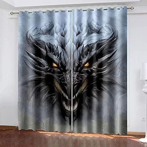 ZZTBQ Drachen Vorhänge Muster Drache Winter Fenster Gardinen mit Ösen, Vorhang Blickdicht Verdunklungsvorhänge Thermovorhang für Wohnzimmer Deko 132x242 cm (BxH), 2er Set