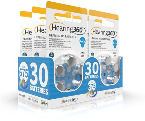 Hearing360 Hörgerätebatterien PR44 Größe 675, Quecksilberfreie Batterien extra langlebig und zuverlässig (5 Blister, 30 Batterien)