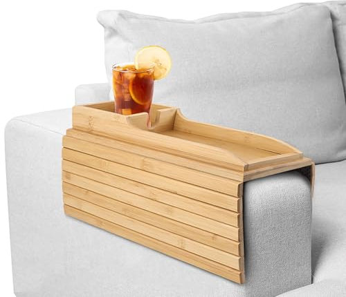 Bamboo Sofa Armrest Tray, Couch Cup Holder Arm Tray Table, Couch Caddy Food Trays, Anti-Slip Foldable Couc-h Drink Holder for Remote Snacks Cellphone Drinks Cup(COLOR:Brown)