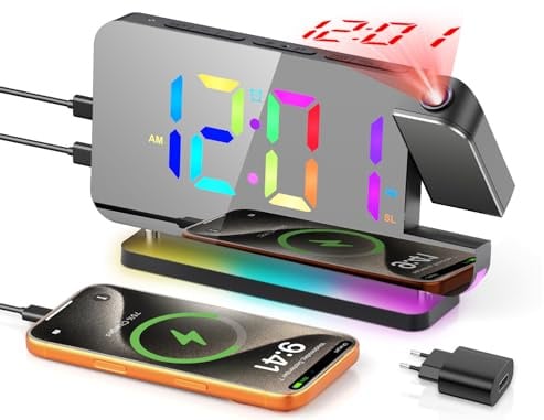 TAKRINK Sveglia con Proiettore Soffitto, Radiosveglia RGB 7″ da Comodino | Display LED con 7 Colori Fissi, 4 Effetti RGB e Luci Ambiente 10 Modalità Proiezione 180° Radio FM Snooze USB-A e Type-C