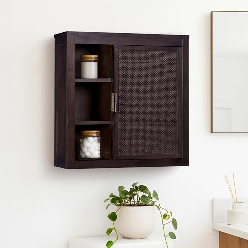 Teamson Home Hatteras 22 W Wall Cabinet with Open & Closed Storage Featuring Sturdy Shelves, Coastal Modern Style and Solid Wood Bracket for Secure Wall Installation, Black Finish