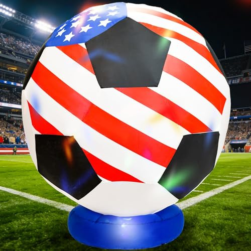 DearSun Riesiger aufblasbarer Fußball Weltmeisterschafts-Party-Dekorationen, aufblasbare Fußballbälle mit amerikanischer Flagge, Sportzubehör mit integriertem LED-Licht