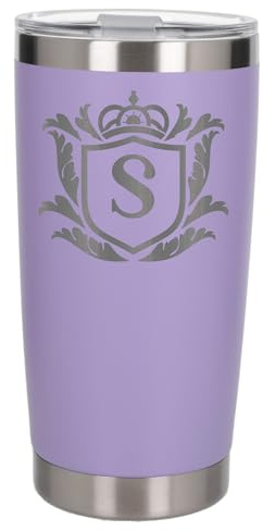 Customised Gifts 500ml Engraved Shield Initial Monogram Insulated Personalised Lavender Travel Mug for Men and Women - Personalised Initial Coffee Travel Mug for Hot and Cold Beverages, Letter S