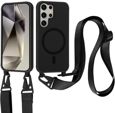 Jrkvniv Funda Magnética para Samsung Galaxy S24 Ultra con Cuerda, Carcasa Suave Silicona Case Antichoque con Correa Colgante Ajustable Collar de Cuello Cadena Cordón para Samsung S24 Ultra, Negro
