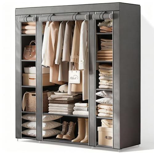 Ribech Armoire en Tissu 45 x 150 x 175 cm, Cadre en métal avec Housse Anti-poussière Non tissée, Tringle à vêtements, Gris, système de Rangement pour Chambre à Coucher