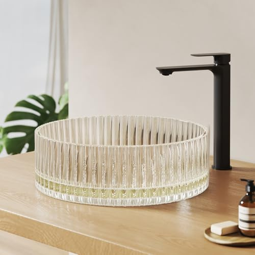 EMKE Lavabo Sobre Encimera de Cristal Templado 40 x 40 cm,Oro Champagne | Lavamanos Redondo con Efecto Diamante, Pica de Baño de Vidrio de Alta Seguridad (Solo Lavabo)
