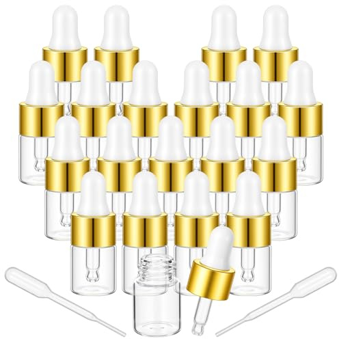 Sibba 20 Pcs Mini Dropper Bottle, 2ml Small Sample Bottle Empty Essential Oil Bottles with Gold Cap, Travel Empty Vails for Cuticle Oil Essential Oils Perfume