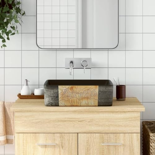 Aufsatzwaschbecken Schwarz Braun Rechteckig 46x35,5x13cm Keramik, Handgefertigt für Badezimmer Waschtisch, Zeitloses Design mit Vintage-Muster