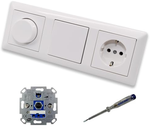 EBROM SET IDEE: REV Ritter LED Drehdimmer Dimmer + Jung Dimmerscheibe A1740WW + Taster 531U + Steckdose mit Kinderschutz A1520KIWW AS500 alpinweiß + EBROM Phasenprüfer z. Montage der Geräte ET1 66012B