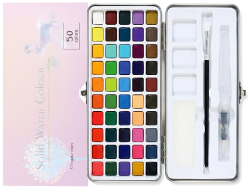 Hyleon Solid Watercolour Paint Set, 50 Vibrant Colours in Portable Metal Tin – Includes Water Storage Brush & Brush, Sponge – Professional Art Supplies for Artists, Beginners & Hobbyists