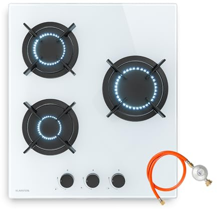 Klarstein Goldflame Placa de Gas, 3 Quemadores, 5800W, Vidrio Templado, GLP/Gas Natural, Encendido Automático, Seguridad, Encimera Compacta 45x52cm