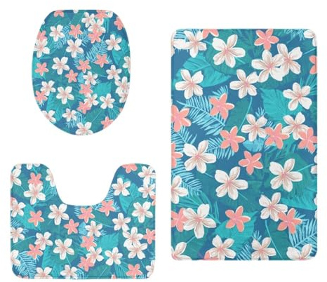 Badteppich Set Türkis Tropisch Duschvorleger rutschfest Waschbar 3 Teilig Bad Vorleger U-Förmig WC Teppich Toilettendeckelbezug Deko Badezimmer Bath Mat 50x80 cm