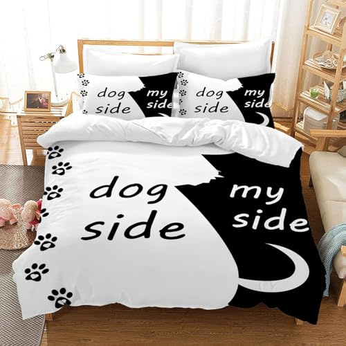 UGZDEA Hundeseite und Meine Seite Bettbezug Set, Bettwäsche 3 Stück Set Schwarz Weiß Weiches Mikrofaser Steppbrett Set mit 2 Kissenbezug 80x80cm (A, 135x200cm+2 * 80x80cm)