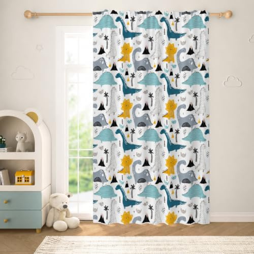 YONGFOTO Dino Lichtfilternd Vorhang Kinderzimmer Junge Tierwelt Dschungel | Skandinavisch Dinosaurier Halbtransparent Gardinen Jugendzimmer Jungen Mit Stangendurchzug 1 Paneel 107 x 160 cm