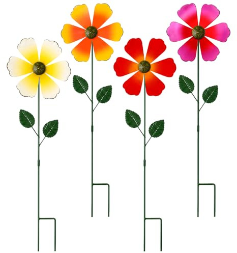 YTACREA 4er-Set Blumen Windräder, 2-in-1 Windmühle Bunt 58 cm, Regenbogen Windspiel, Windspielstecker für Terrasse, Rasen, Garten und Balkon