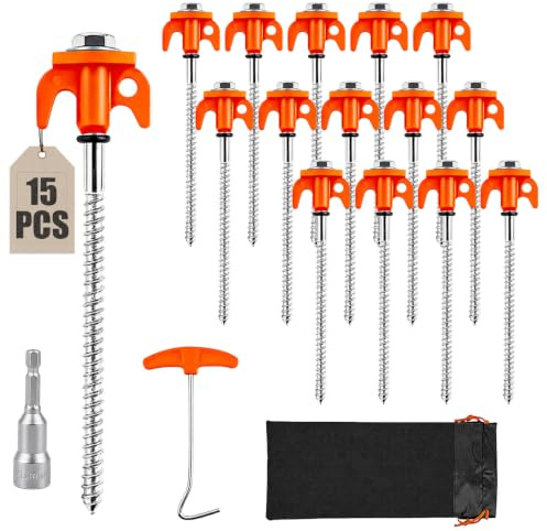 Forhandy 15er Set Zeltheringe Sturmsicher, Zeltheringe zum Schrauben 20cm | Schraubheringe Stahl mit 13mm Steckschlüssel Heringzieher & Tasche für Harte Böden Sand Felsen zu Camping Picknick Vorzelt