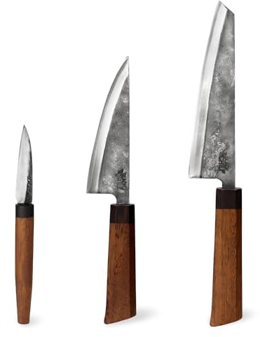 Black Chili Küchenmesser Set (3-teilig) | Obst- & Schälmesser, Gemüsemesser & Santoku Messer mit Eisenholz Griff | 7, 13 & 17 cm Carbonstahl Klinge | LEMON-DROP-7, JALAPENO-13 & HABANERO-17