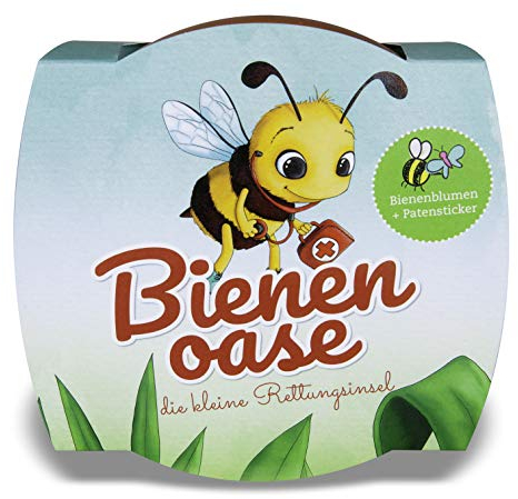 Bienenwiese Blumenmischung Geschenk-Set - Schale mit Blumensamen Kokosfaserscheiben zur Anzucht Bienenpaten Sticker