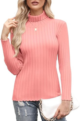 Aottori Ladies Roll Neck Jumper Long Sleeve Turtle Neck Jumpers Tops for Women Knitted Sweater Solid Winter Warm Pullover Tunic Pink M