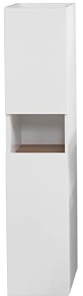 Pelipal Badezimmerschrank Quickset 947 in Weiß Glanz/Rivera Eiche quer Nachbildung, 30 cm breit | Halbhoher Midischrank mit 2 Türen, 1 Nische und 2 Einlegeböden