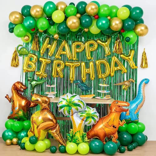 Dinosaur Party Decorations, 115PCS Dinosaur Balloons Garland Arch Kit, Balloons Ribbon and Dot Glue Happy Birthday Banners for Jungle Safari Dino Birthday Party Supplies for Ages 14+