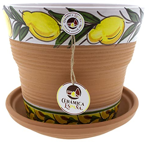 CERÁMICA ESPAÑA | Macetas de Barro Rojo | Macetas Decorativas | Macetas de cerámica | Macetas Exterior | Decorado Limones - D08 | Decoración 100% Hecho a Mano | 25x25x22 cm | Plato Incluido