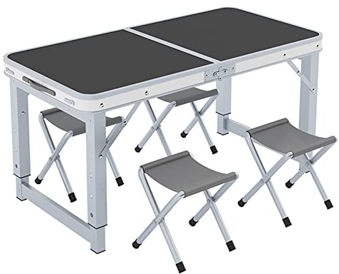 Klapptisch mit Hocker, höhenverstellbarer Klapptisch, Picknick, Camping, Outdoor, tragbares, leichtes Aluminium, mit Tragegriff for Strand, Innenbereich, Büro ( Color : Black , Size : With bench )