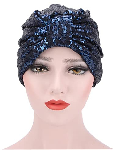 SJTJSPX Damen-Turban, plissiert, Pailletten, Kopfwickel, Baumwolle, Nachtmütze, Haarausfall, für Frühling, Herbst, Schlafmütze, muslimischer Hijab, Indien, Afrika, Chemo-Kappe für Damen und Mädchen,