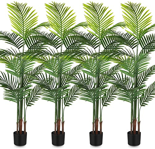 Jexine 4 Pack Artificial Palm Trees 5Ft, Fake Plants Fake Trees Artificial Areca Palm Plants for Outdoor Indoor Faux Palm Tree in Pot for Pool Home Decor Office Housewarming Gift Modern Decoration