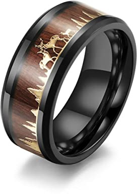 YAHOYA Mode 8mm Männer Schwarz Wolfram Wild Leben Jagd Ring Koa Holz Inlay Hirsch Familie Silhouette Stahl Ring Männer Ehering