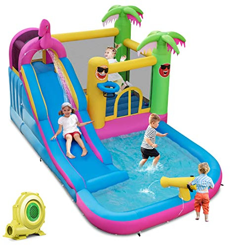 COSTWAY Inflatable Water Slide, Jumping Bouncy Castle with 680W Air Blower, Climbing Wall, Splashing Pool and Water Cannon, Blow Up Activity Center for Kids Summer Play