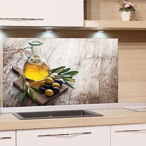 GRAZDesign Spritzschutz Küchenrückwand Glas Küche für Herd & Küchenspüle, Holzoptik mit Oliven | Glasplatte für Rückwand Küchenwand Wandschutz | 100x50cm