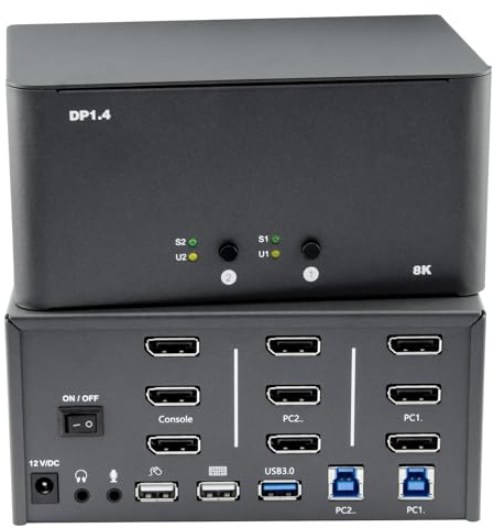 KVM Switch 3 Monitor 2 Computer, 8k Displayport Switch con USB 3.0, Jack, 2 Computer Condividere un Set di Tastiera, Mouse, Supporto Windows/Mac/Linux (Triple Monitor)