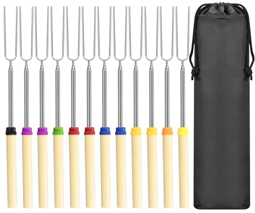 Lot de 12 bâtons à rôtir à guimauve, 5/8/12/24 brochettes extensibles en métal de 81,3 cm de long avec poignée en bois, pour guimauve, hot-dogs, camping, barbecue, barbecue