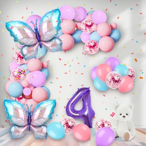 Minicloss 4 Jahre Set - Zahl Folienballon, Luftballon Schmetterling Lila 30 Stück 12 Zoll Pastell Lila Rosa Luftballon Zahlen-Ballon Zahl 4 Luftballon Für Dame Mädchen Geburtstags Festival Dekoration